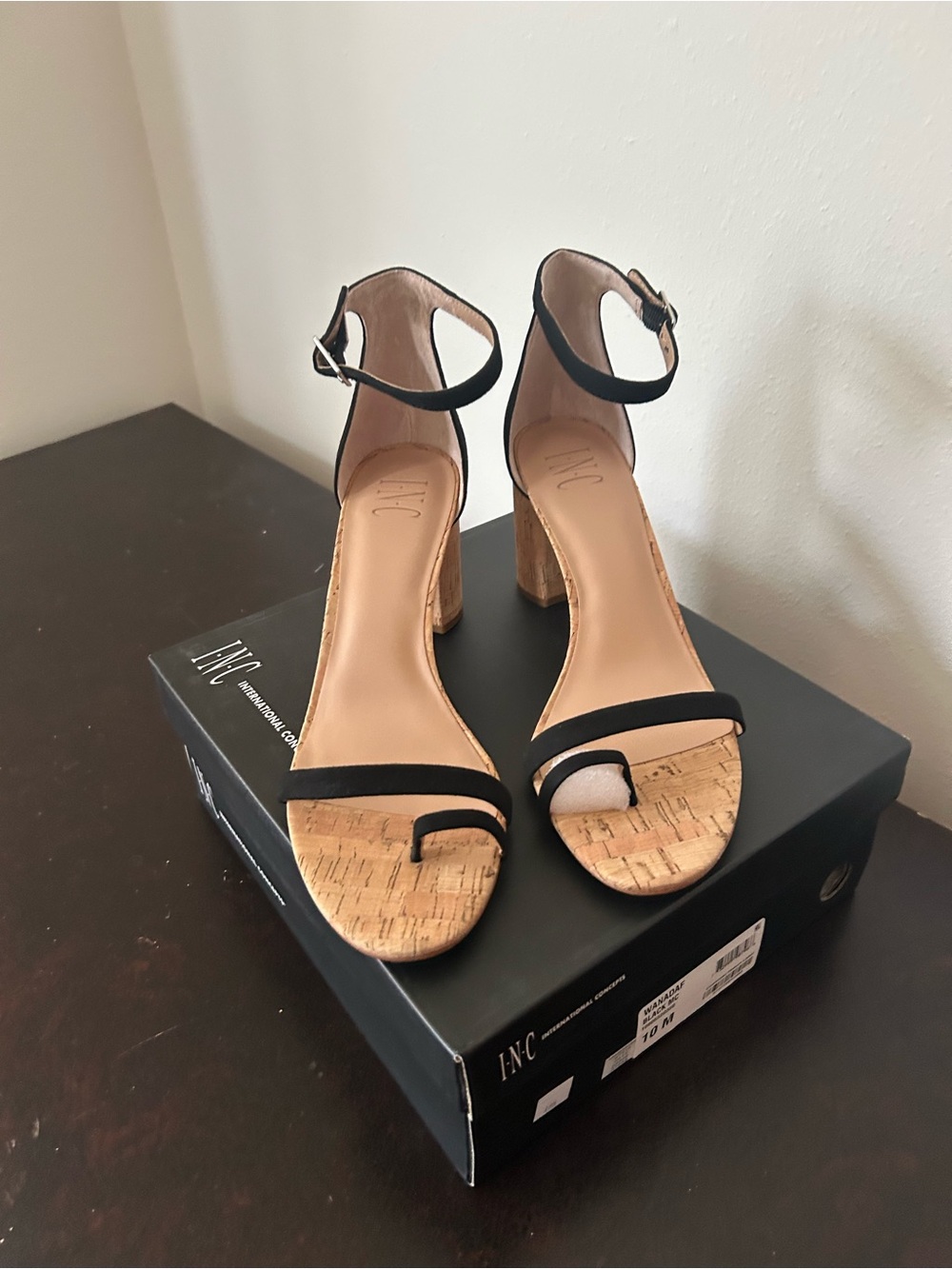 INC International Concepts Black Suede Upper Ankle Strap Cork Block Heel Sandals